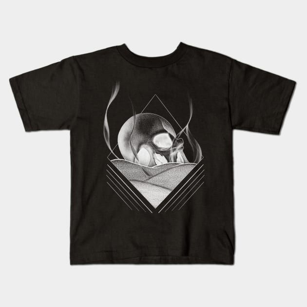 Human Skull Buried in a Bed of Sand with Geometrical Lines Kids T-Shirt by Tred85